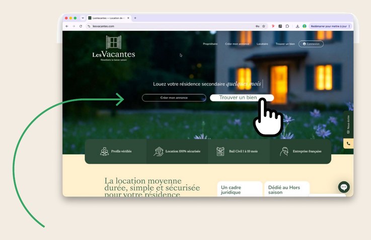Page d’accueil de LesVacantes ouverte dans un navigateur, bouton de création d’annonce