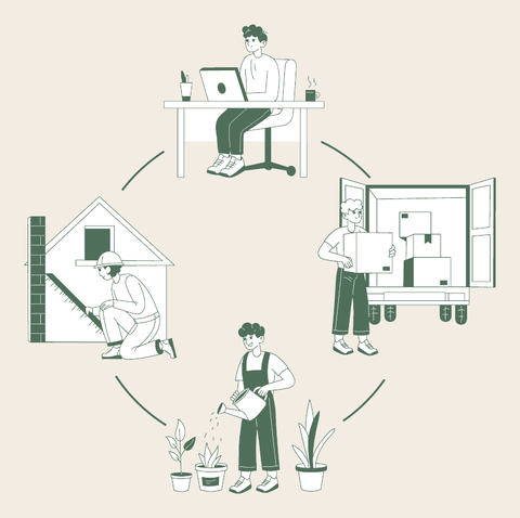 Illustration : télétravail, entretien du jardin, déménagement, installation