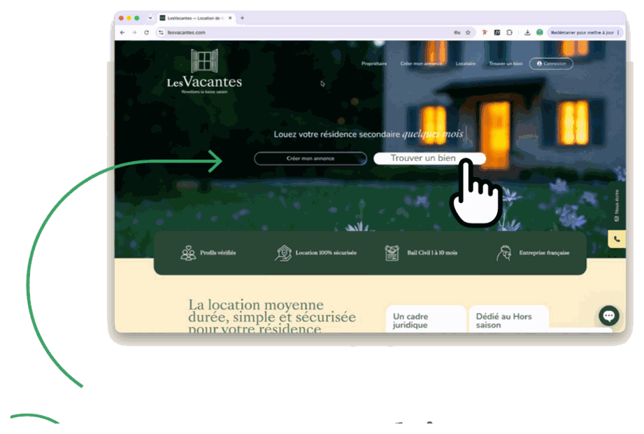 Page d’accueil de LesVacantes ouverte dans un navigateur, bouton Trouver un bien